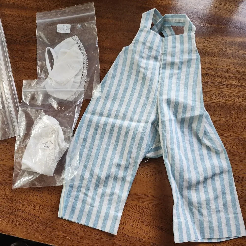 Vintage Style Doll Clothes Lot Blue Striped Romper White Panties Apron Socks